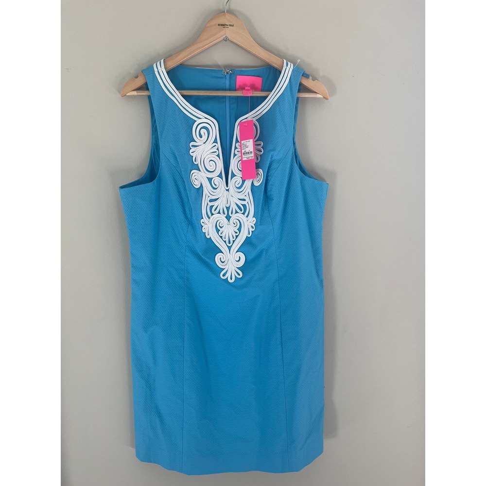 Lilly Pulitzer Gabby Stretch Shift Dress Bondi Blue Soutache Embroidery 14 NEW
